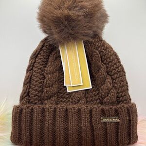 Michael Kors Chocolate Cable Knit Beanie with Pom-Pom